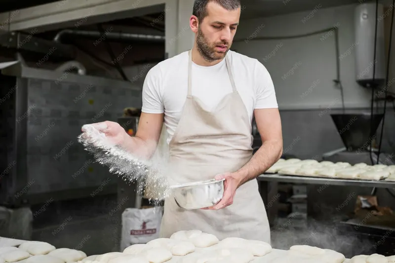 Boulanger saupoudrant de la farine sur les pâtons dans son fournil