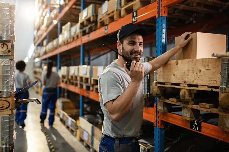 Préparateur de commandes dans l'entrepôt de distribution, entre les palettes